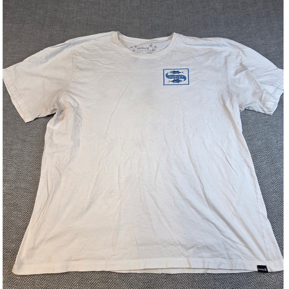 Hurley Mens XXL Everyday Washed White Cotton Blue Tuna Fish Graphic T-Shirt